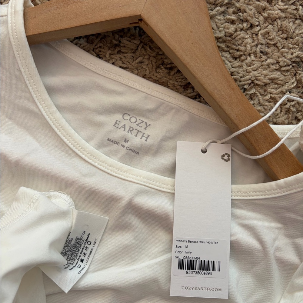 Cozy Earth Women’s Bamboo Stretch-knit Short Sleeve Crew Lounge Tee — Ivory - Picture 3 of 4